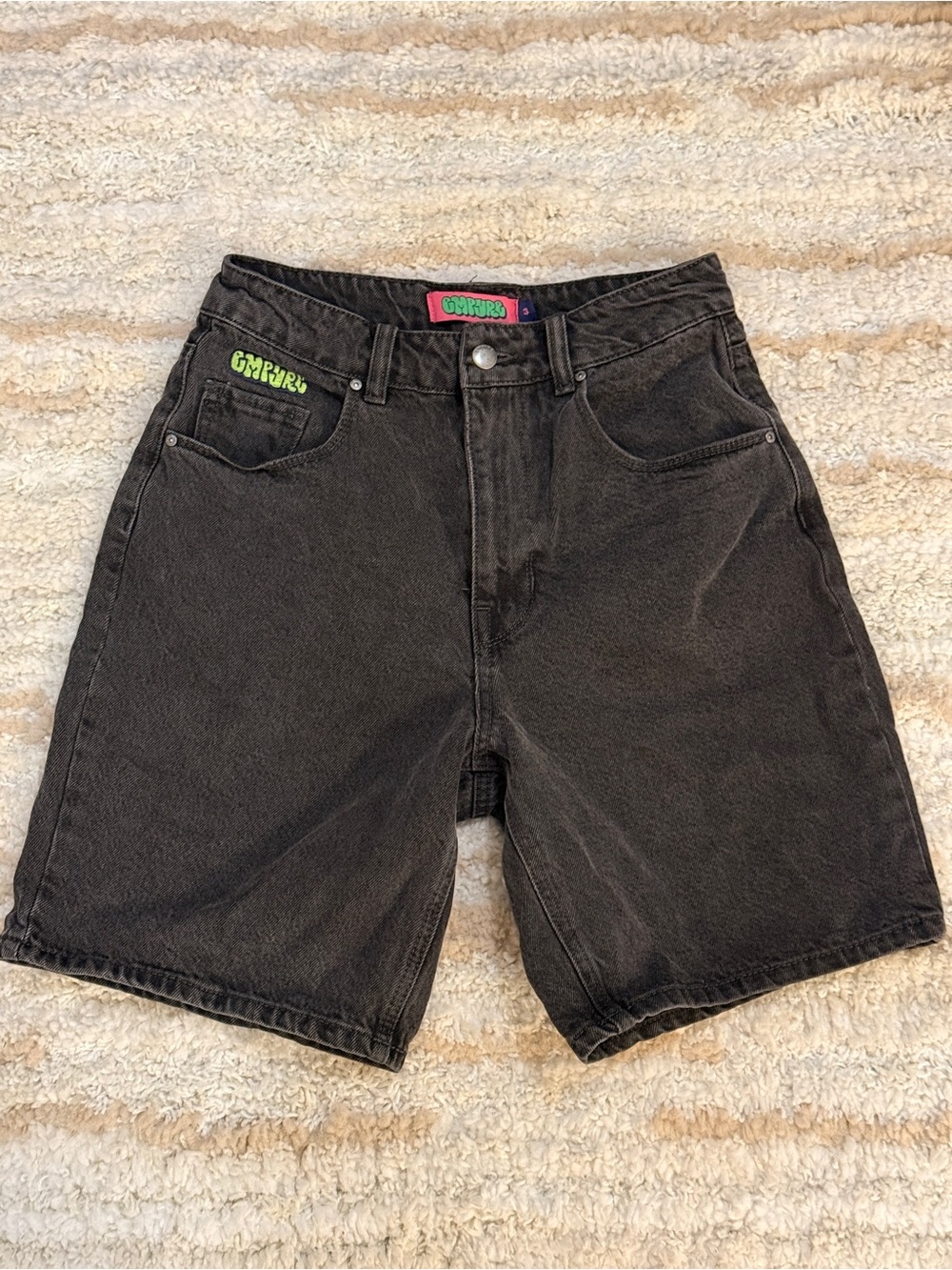 Empyre Black Washed Denim Shorts with Neon Logo